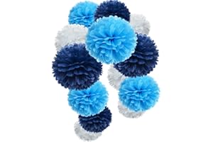 Happium – 12 pompon di carta velina a forma di fiore (blu, blu navy, bianco)