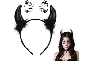 Sprinlot Serre-tête Diable Noir, Cornes de Diable Glitter Tattoo, Bijoux de cheveux Oreilles de Diable Noir, Serre-tête Tatouage Carnaval Fête d'Halloween ST-Home-A33-2