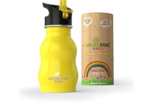 Greens Steel Botella de agua de niño - Botella a prueba de fugas Tapa con Pitillo - bebe niños cantimplora de acero para niños. (Amarillo)