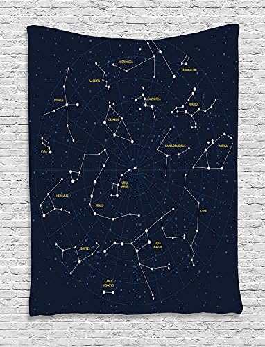 Constellation Tapestry, Sky Map Andromeda Lacerta Cygnus Lyra Hercules Draco Bootes Lynx, Wall Hanging for Bedroom Living Room Dorm, 60 W X 80 L Inches, Dark Blue Yellow White