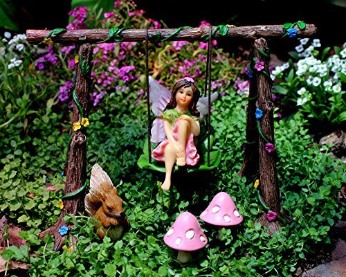 Pretmanns, set di fate da giardino con altalena e accessori in miniatura, replica dei personaggi Avie e Stella