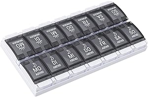 WELLGRO Pastillero para 7 días – Pastillero 2 compartimentos por día – Tapa abatible con cierre a presión – Pastillero de plástico libre de BPA – Color a elegir, color: negro