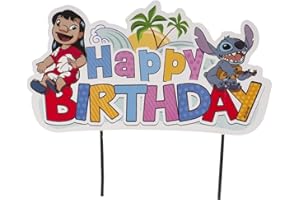 dekora - Cake Topper Stitch "Happy Birthday" - Décoration pour Gâteau d'Anniversaire Adaptée au Contact Alimentaire - Topping en Papier et Plastique pour Décorer les Gâteaux - Dimensions 16,5 x 13 cm