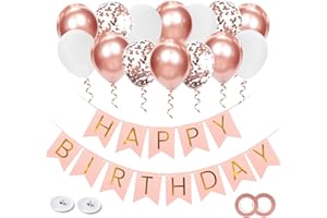 OHugs Happy Birthday Banners, Rose Gold Birthday Decorations for Girls - Birthday Banner with 12 Inch Metallic Rose Gold Balloons, Happy Birthday Party Decoration for Women