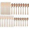 ANH MART Mirror Finish Rose Gold Plated Stainless Steel Flatware Set Copper Silverware Set Rose Gold Spoon Color Cutlery Set [Dinner Fork-Tea Spoon-Salad Spoon-Knife] Set of (Rose Gold LINEING, 32)