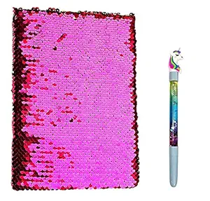 Crazycute Magenta Sequince Notebook Colour Changing Reversible Girls Diary A5 Size with Free Unicorn Magic Wand Gel Pen