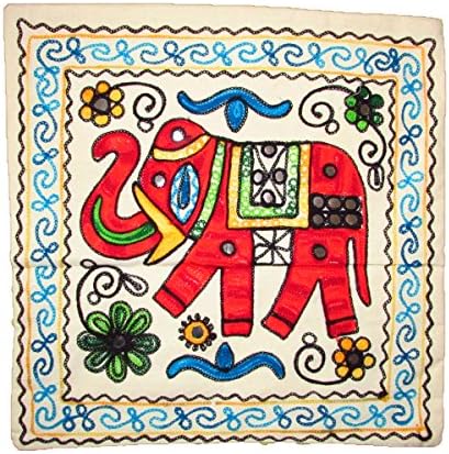 Embroidered Elephant Cushion Cover- Colourful Indian Design (Red)