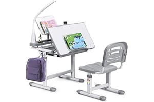COSTWAY Bureau Enfant Ensemble Table et Chaise pour Enfants avec Lampe Hauteur Réglable Plaque de Table Inclinable pour Etude Travail Charge Max 80KG (Gris)