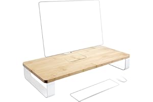 Podstawka i podwyższenie monitora XL - szczególnie wysokie obciążenie, łatwy montaż i 100% bambus drewna FSC (organizer biurkowy / podwyższenie ekranu, ulepszona ergonomia, biały metal) KD Essentials