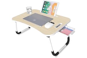 unycos - Plateau de Petit Déjeuner, Table de Lit Pliante Multifonctionnel, Plateau Bois, Support Ordinateur Portable avec Poignée, Porte-Gobelets, Porte-Tablette 60x40x26 cm (Bois avec Tiroir)