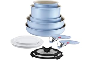 Lagostina Ingenio Pastel, Set di Padelle Antiaderenti 11 Pezzi con Manico Rimovibile, Compatibili con Induzione e Forno, Design Salvaspazio, Colore Brezza