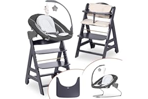 hauck Hochstuhl Beta+ Newborn Set Deluxe - Babyhochstuhl Set ab Geburt mit Neugeborenen Aufsatz Bouncer, Sitzpolster und Essbrett - Dark Grey