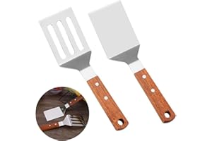 HUTVD Espátula de Acero Inoxidable, 2 Piezas Espátula para Carne de Barbacoa con Mango de Madera Espátula para Barbacoa Herramienta de Cocina Juego de Espátula para Parrilla Espátula para Barbacoa