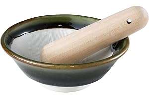 Asayu Japan Bol à Mortier en Céramique Vert Olive de 109 mm avec Pilon en Bois, Fabriqué au Japon, Moudre les Épices et les Herbes, Ensemble Pilon et Broyeur Vert Olive