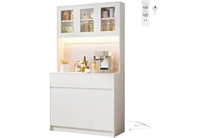 Wumagin Küchenschrank Buffetschrank mit L-E-D Sideboard für Küche mit Ladestation,Hochschrank mit Arbeitsplatte und 3 Schubladen Küchenbuffet mit Verstellbares Regal für Esszimmer