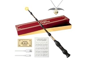 AVCXEC Dumbledore Wand, 35cm Elder Light Up Wand with Station Ticket, Spell Card and Necklace USB Charging Glow Magic Wand Dumbledore Wizards Wand in Gift Box Elder Magic Wizard Wand for Halloween Party