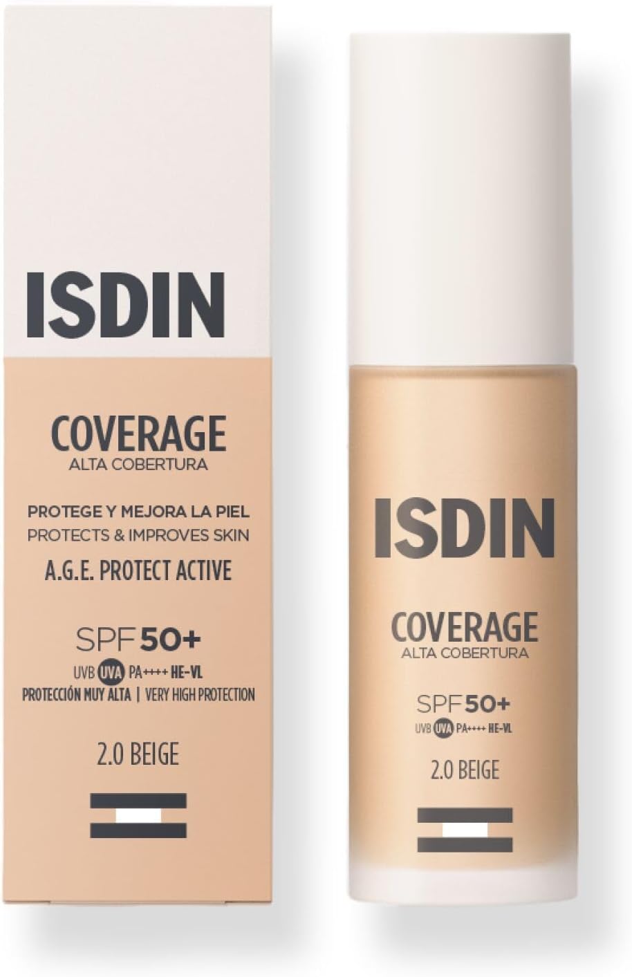 ISDIN Coverage SPF 50, Base de maquillaje con muy alta protección solar, acabado natural, acción antiedad, reduce arrugas y líneas de expresión - 30ml