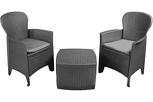 CHEERFUL BARGAINS 3 Piece Rattan Effect Garden Furniture Set, Plastic Anthracite Bistro Set | Small Garden Table and Armchairs with Cushions, Outdoor Dining Set for 2 | Conservatory, Balcony & Patio Conversation Set