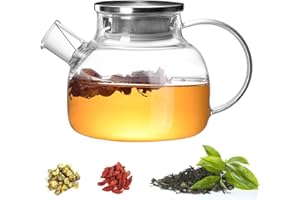 Diompirux 1000ml Teiera in vetro con filtro nel beccuccio, Filtro in Acciaio Inox Coil, Teiera in vetro borosilicato con colino in metallo e cap, per tè, tisane, caffè, Sfuso Infusiera