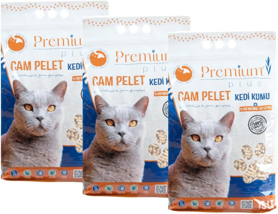 Premium Plus Çam Peleti Kedi Kumu 15 LT x 3 lü Paket (45 LT) Yavru/Yetişkin Kediler ve Küçük Hayvanlar için%100 Organik Kedi Kumu - Astımlı ve Alerjik Kediler için Uygun (Üçlü Paket)