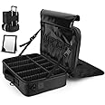 Luxspire Travel Makeup Bag with Mirror, 3 Layer Large Cosmetic Bag Make up Organiser Cosmetic Case Artist Storage Bag Beauty Train Case with Compartments and Shoulder Strap Women Vanity Case, Black