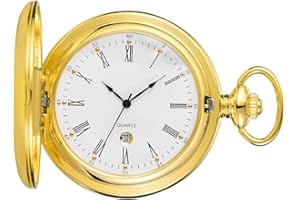 Tiong Reloj de bolsillo vintage con cadena de números romanos, escala de cuarzo único con calendario, relojes de bolsillo, regalos de cumpleaños, día del padre