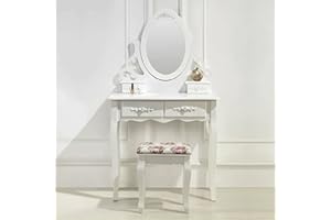 MOG CASA Tocador (L) Maquillage 145x80x40cm con Espejo | Taburete Acolchado Estampado con Flores | Forma Ovalada | 4 Cajones | Blanco y Crema