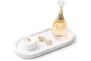 WORHE Natural Marble Vanity Tray Italy Oval Stone Trays for Candles Perfume, Decorative Jewelry Dish for Small Items, Countertop Storage Organizer for Home Bathroom Kitchen Matte Surface White BH101