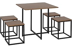 HOMCOM 5 Piece Dining Table and Chairs Set 4, Industrial Space Saving Table and Chairs with Metal Frame, Square Kitchen Table and Stools for Dining Room, Brown