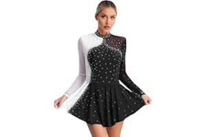 Kaerm Robe de Patinage Artistique Femme Justaucorps Dos Nu Gymnastique Robe Tutu Col montant Danse Classique Tenue Patineuse Danseuse à Strass XS-XXL