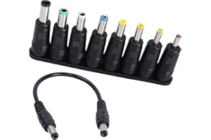 QIANRENON Multi-Gauge Universal DC Power Adapter Converter 8-in-1 DC Plug 5.5mm x 2.1mm Female to Male Adapter with DC 5.5 x2.1mm Black Tuning Fork Cable (22cm)