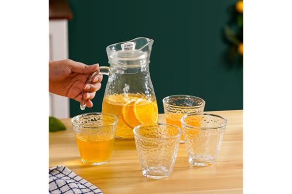 Nestasia Hammered Glass Carafe with Tumblers, Water & Juice Glasses Set of 4 (300 ml Each) with 1 Jug (1250 ml), Glass Drinkware Set for Home, Kitchen, Dining, Parties, Gifting