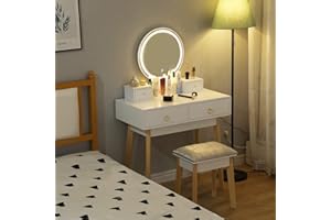 Hamlody Dressing Table, Vanity Desk with Mirror and Stool, Small White Makeup Table Set with Chair, Organizer, 4 Drawers, LED Lights Adjustable Brightness for Girls Bedroom, Dressing Room, Small Space