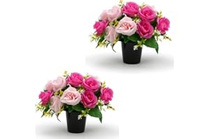 AIGOCITY 2 PCS Artificial Flowers for Graves Pots,2 Colors Pink Purple Roses Grave Flower Pots Silk Cemetery Ornaments Outdoor Decorations, Fake Funeral Memorial Bouquet in Pot for Graveside