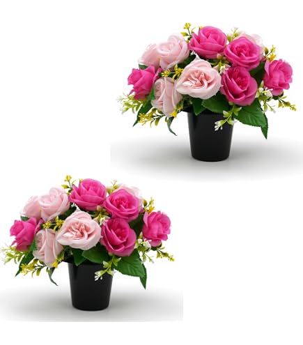 Raxfekro 2 Bouquets Fleurs Artificielles Cimetière Rose Bleu & Blanc + Vase – Décoration Tombale Extérieur