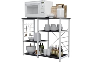 sogesfurniture Etagère de Cuisine en métal et Bois, Meuble Rangement Desserte de Cuisine Etagère pour Four à Micro-Ondes, Outils de Cuisine, avec 3 + 3 Tablettes, Noir&Noyer 171-BK-BH