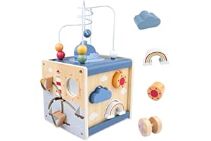 Fervalyna Juguete Montessori, 6-In-1 Juguetes Madera, Cubo Actividades con Laberintos de Abalorios, Cubo Sensorial Habilidades Motoras, Cubo de Actividades Montessori, Apto para niños de 1 a 4 años.