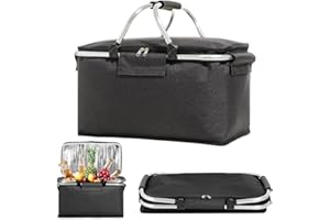 ZINUEEN Panier à provisions pliable en alliage d'aluminium de 18 l avec poignée rembourrée et isolation zippée pour voyage/pique-nique, shopping