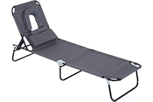 ‎OUTSUNNY Outsunny Sonnenliege Gartenliege Relaxliege Liege mit Gesichtsöffnung, Metall+Oxford, Grau, 190x56x28cm