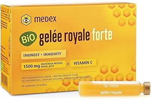 ‎MEDEX Medex Biologisches Gelée Royale FORTE, extra stark mit 1500 mg Gelee Royal, Flüssigkeit in Ampullen, leicht zu öffnen, mit natürlichem Vitamin C, aus biologischem Anbau 10 x 9 ml