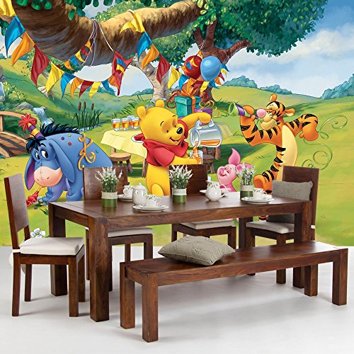 Vlies Fototapete PREMIUM PLUS Wand Foto Tapete Wand Bild Vliestapete – Kindertapete Cartoon Bär Tiger Esel Winnie Pooh Tigger Ferkel Ballon Geburtstag Baum Wiese – no. 922, Größe: 368 x 254 cm Vlies - 5
