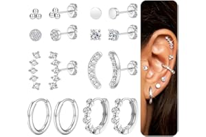 JeweBella 8 Paia Orecchini Piccoli per Donna Oro 14K Cuore Zirconi Cubici Orecchini a Lobo e Orecchini a Cerchio Set Ipoallergenici Piercing Orecchio Cartilagine Argento/Oro