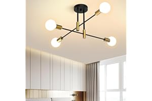 Kuwork Lámpara Techo Vintage, 4 Luces E27 Lámpara Colgante de Techo, Plafon Techo Moderno para Salón, Dormitorio, Estudio, Cocina y Comedor, Negro y Dorado