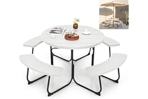 TANGZON 8 Seater Picnic Table and Bench, Round/Square Camping Table with Built-in Benches & 48mm Umbrella Hole, Outdoor Dining Table and Benches Set for Garden Patio Yard Pub (Round, White)