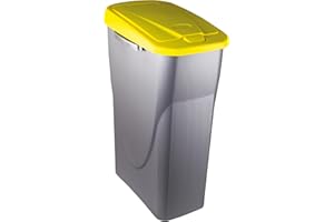 M home by Mazzei Mondex - Poubelle de Tri Sélectif 25L en Plastique - Ouverture facile Push - Cuve Gris Silver avec Couvercle de Couleur Jaune - Idéale pour Cuisine, Cellier - Fabriquée en France