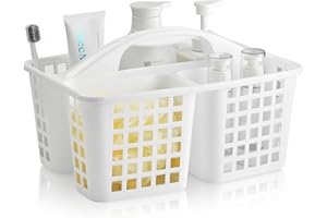 ALINK Plastic Shower Caddy Basket with Compartments, Portable Divided Cleaning Supply Storage Organizer with Handle for College Dorm Bathroom (White)