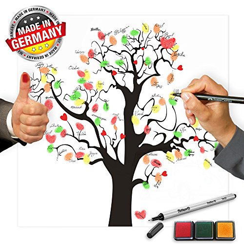 Fingerabdruck Leinwand *80x80* INKL Zubehör-Set GRATIS (Stempelkissen+Stift+Anleitung+Hochzeitsbuch+...) + PORTOFREI - Herzchen Baum braun - Hochzeitsbaum Fingerabdruck - Fingerabdrücke der Hochzeitsgäste auf Leinwand als Hochzeitsgästebuch Einträge - Fingerabdruck Baum Leinwand - Herzchen Baum braun