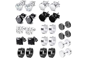 QINCLING 12 Pairs Men's Stainless Steel Earrings - Studs, Barbell, Ear Hoops for Men & Boys in Black
