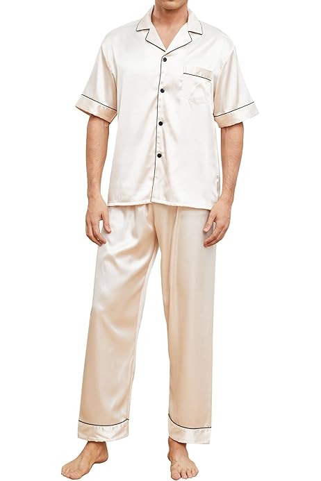 Mens Black Silk Pajamas Men's Silk Satin Pajama Set Short Sleeve