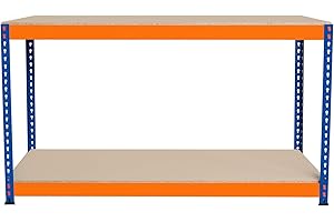 MONSTER RACKING Banco de Trabajo p/Garaje S-Rax 2 Niveles | 150cm x 45cm x 90cm | Capacidad por Nivel 300kg | Montaje Sin Tornillos | 2 Barras de Soporte Reforzadas | Patas de Goma | Mesa para taller almacén depósito